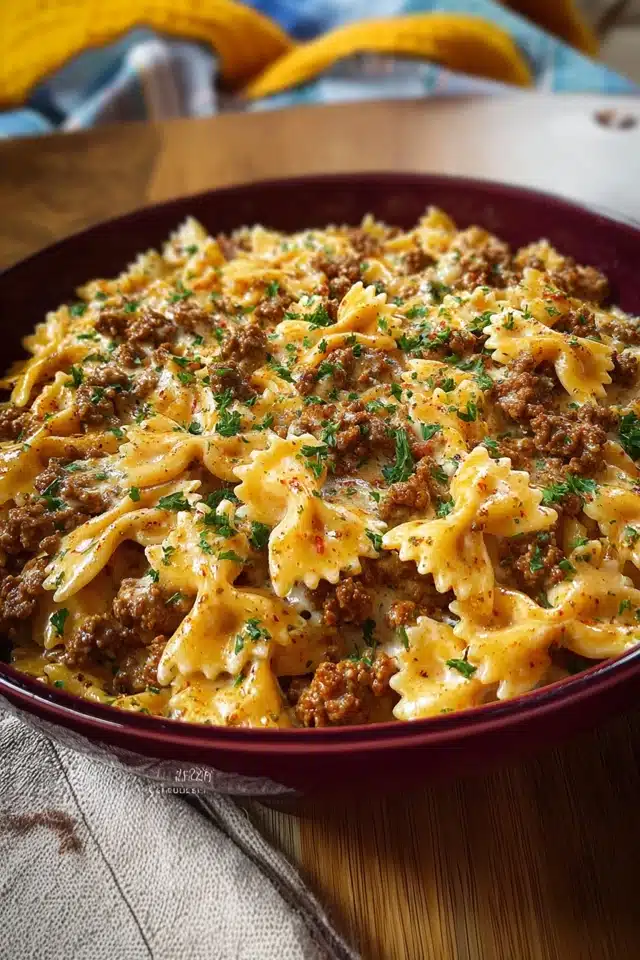 Cajun Cream Cheese Alfredo Bowties with Spiced Ground Beef 13 44 22
