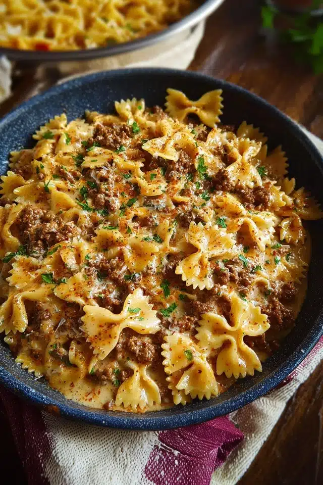 Cajun Cream Cheese Alfredo Bowties with Spiced Ground Beef 8 55 22